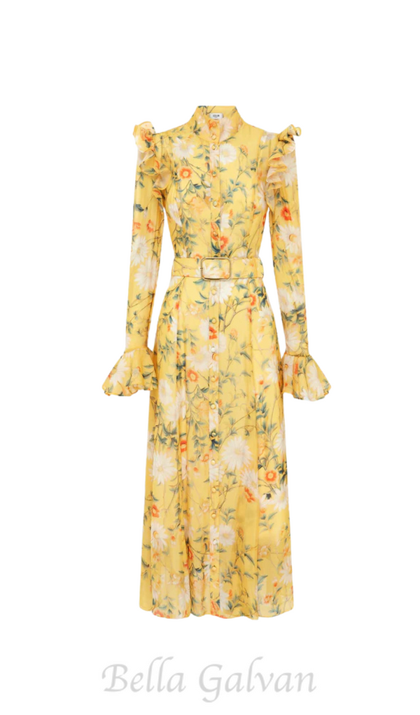 Daisy Print Butterfly Sleeve Midi Dress in yellow