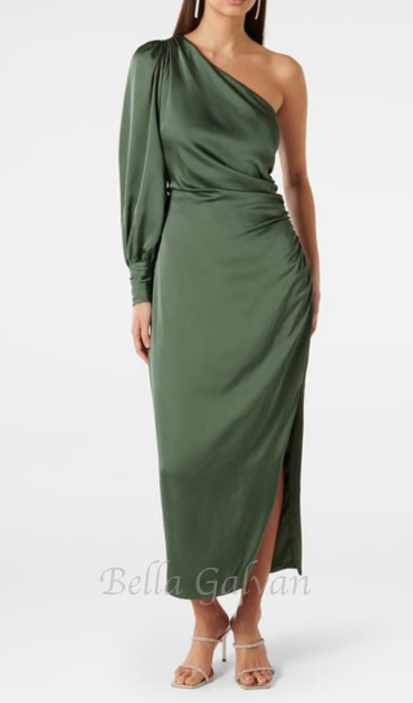 one-shoulder Long Sleeve Midi Dress in green