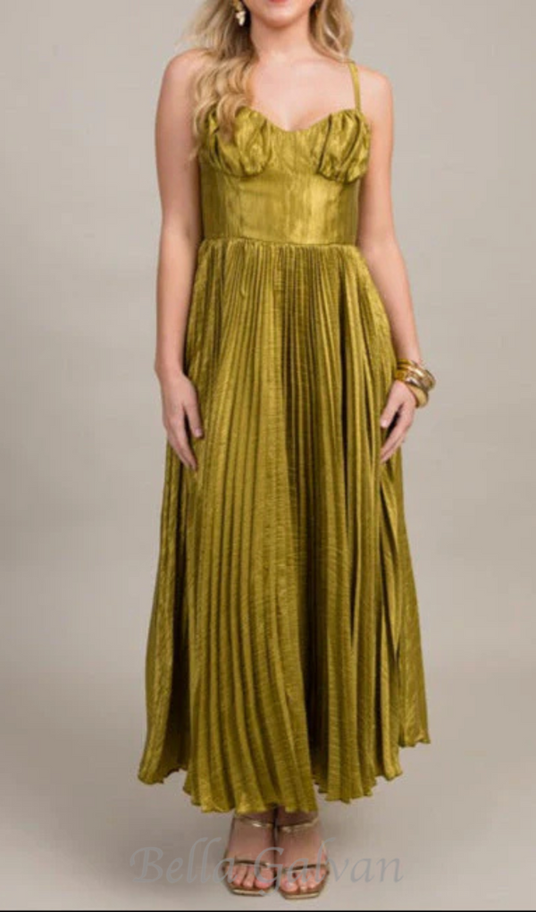 Chartreuse Satin Pleated Midi Dress