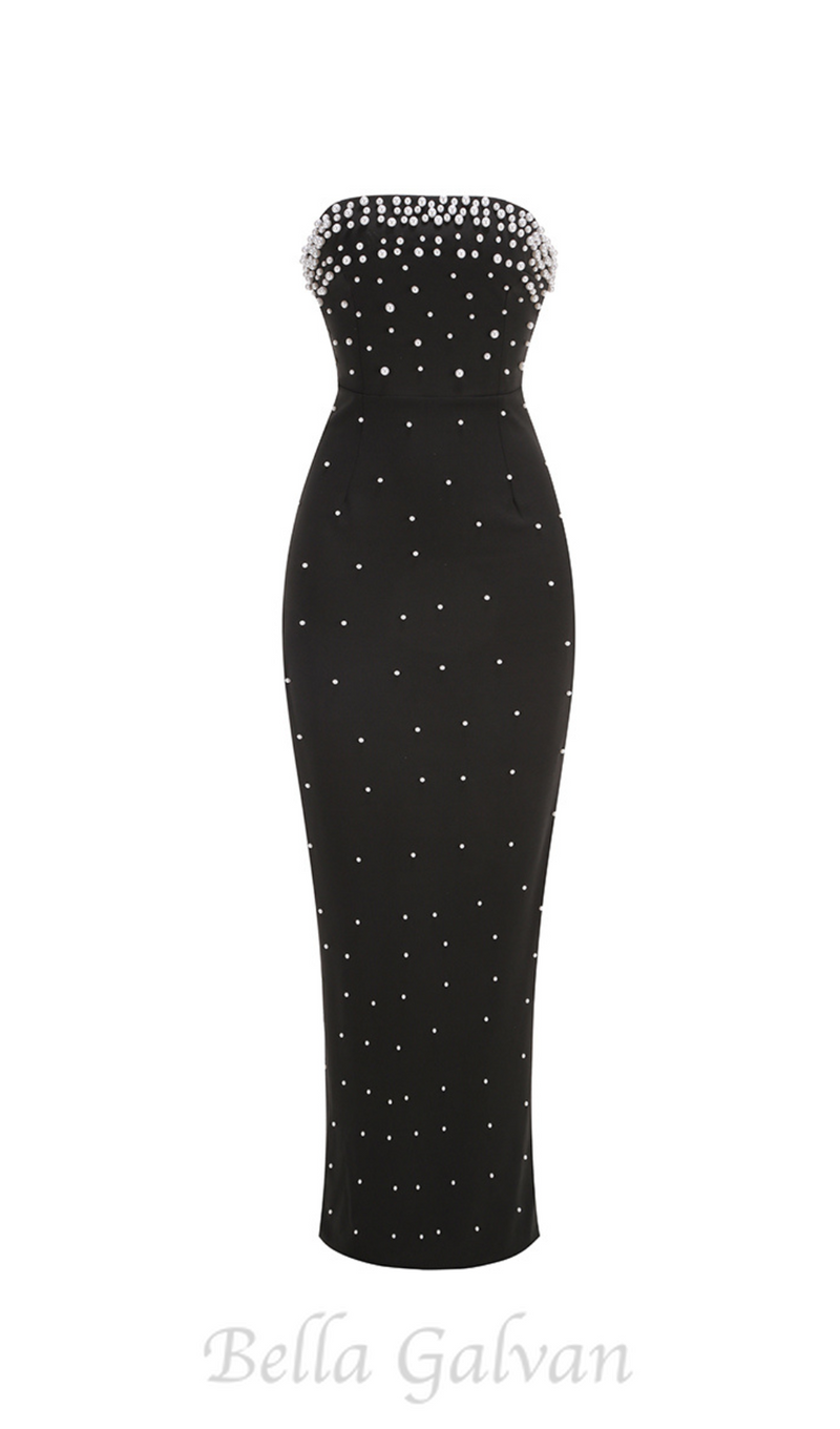 pearl-embellished strapless gown in black