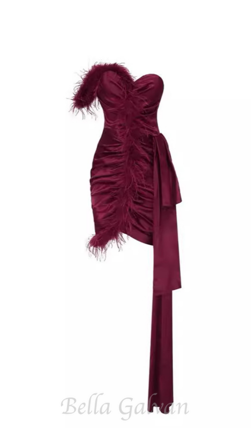 burgundy feather embellished strapless mini dress