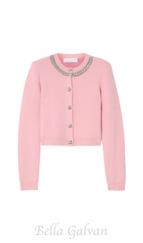 Rhinestone-embellishment padded-shoulders knitted cardigan in pink