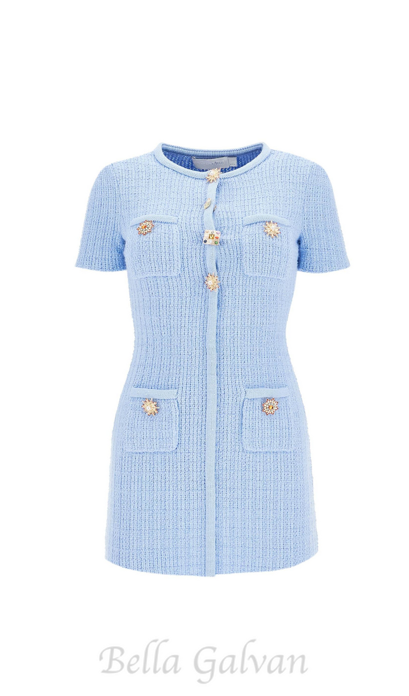 MODESTY BEADED BUTTON KNIT MINI DRESS IN BLUE