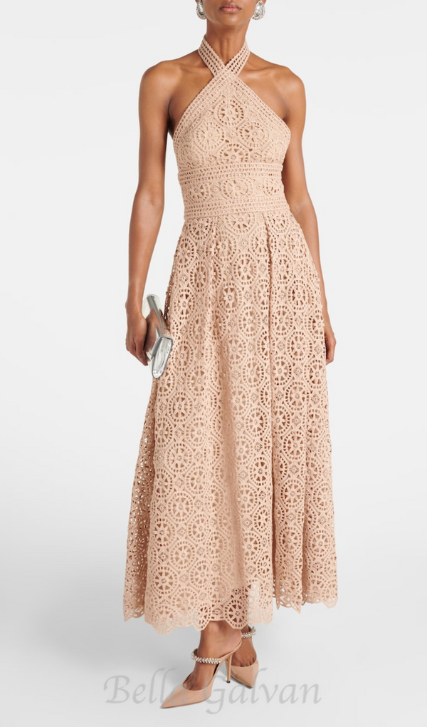 MACRAMÉ HALTERNECK COTTON-BLEND MIDI DRESS IN NUDE