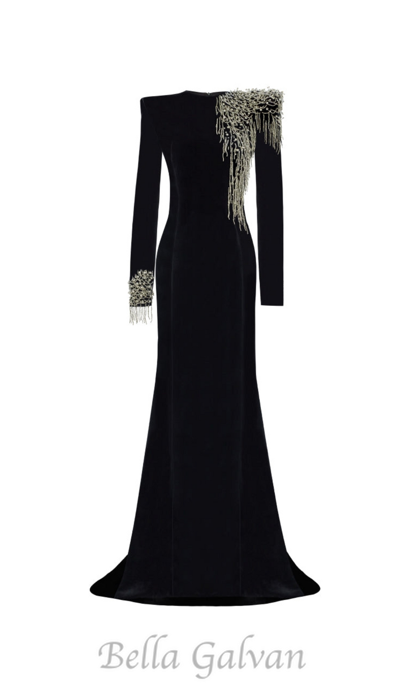 embroidered velvet maxi dress in black