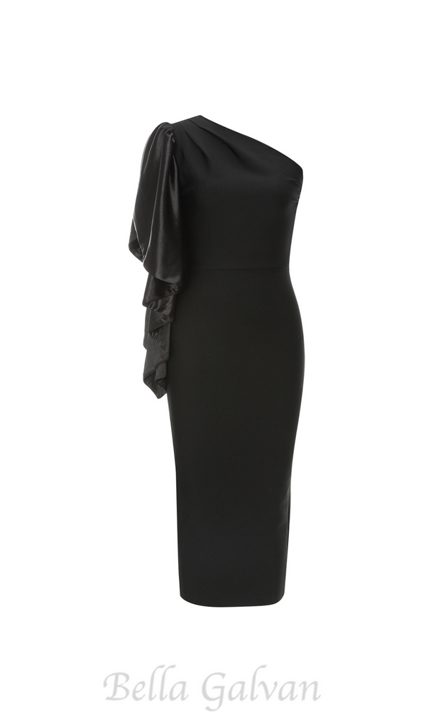 one-shoulder satin bodycon midi dress in black