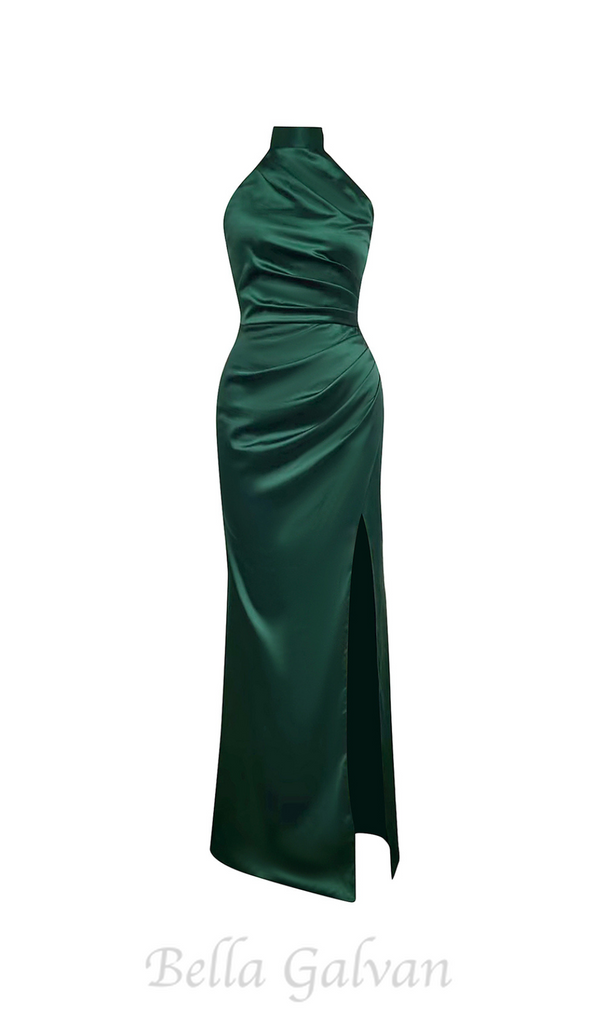 EMMA HALTER SLIT SATIN MERMAID MAXI DRESS IN GREEN