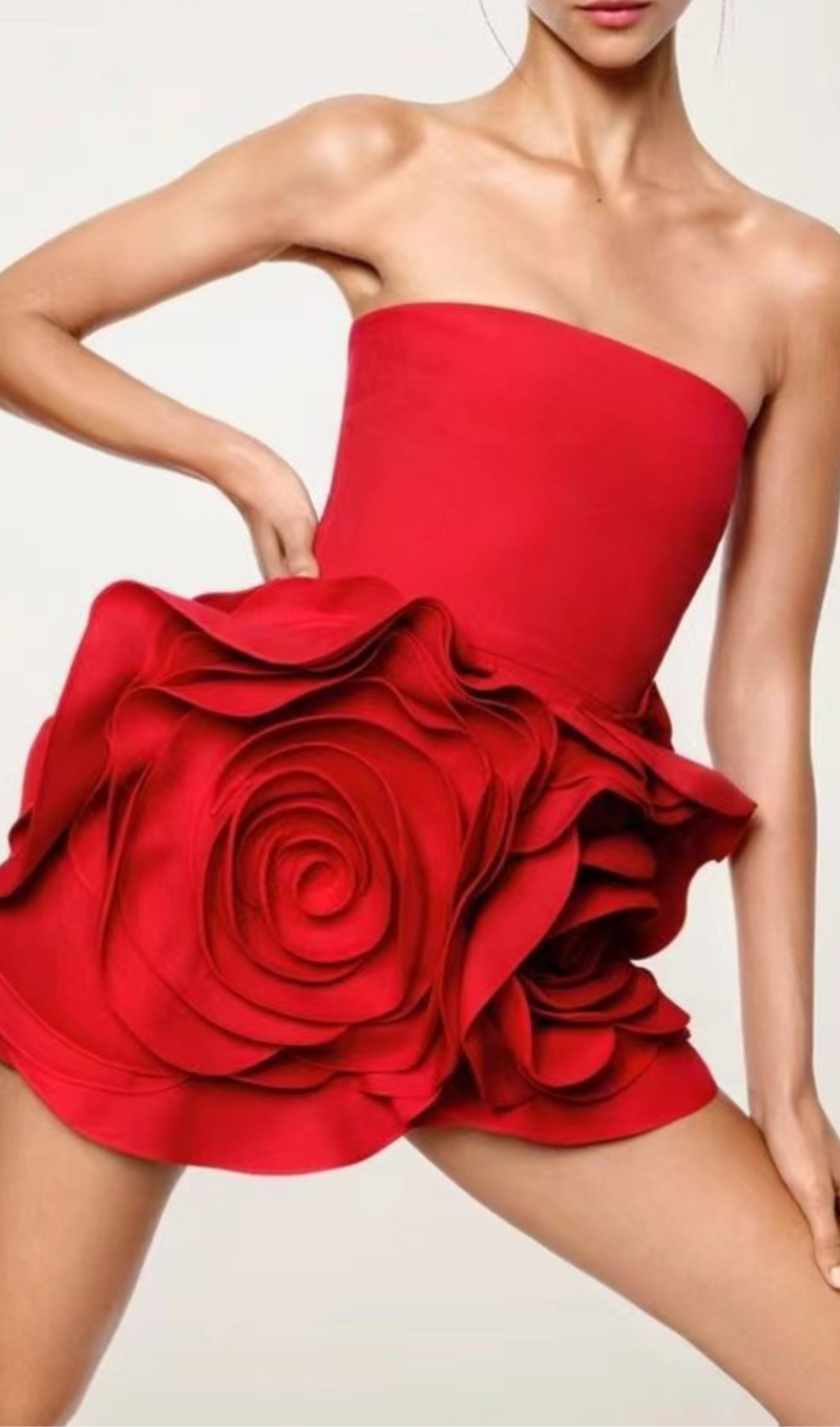 ROSETTE DETAIL STRAPLESS CREPE MINI DRESS