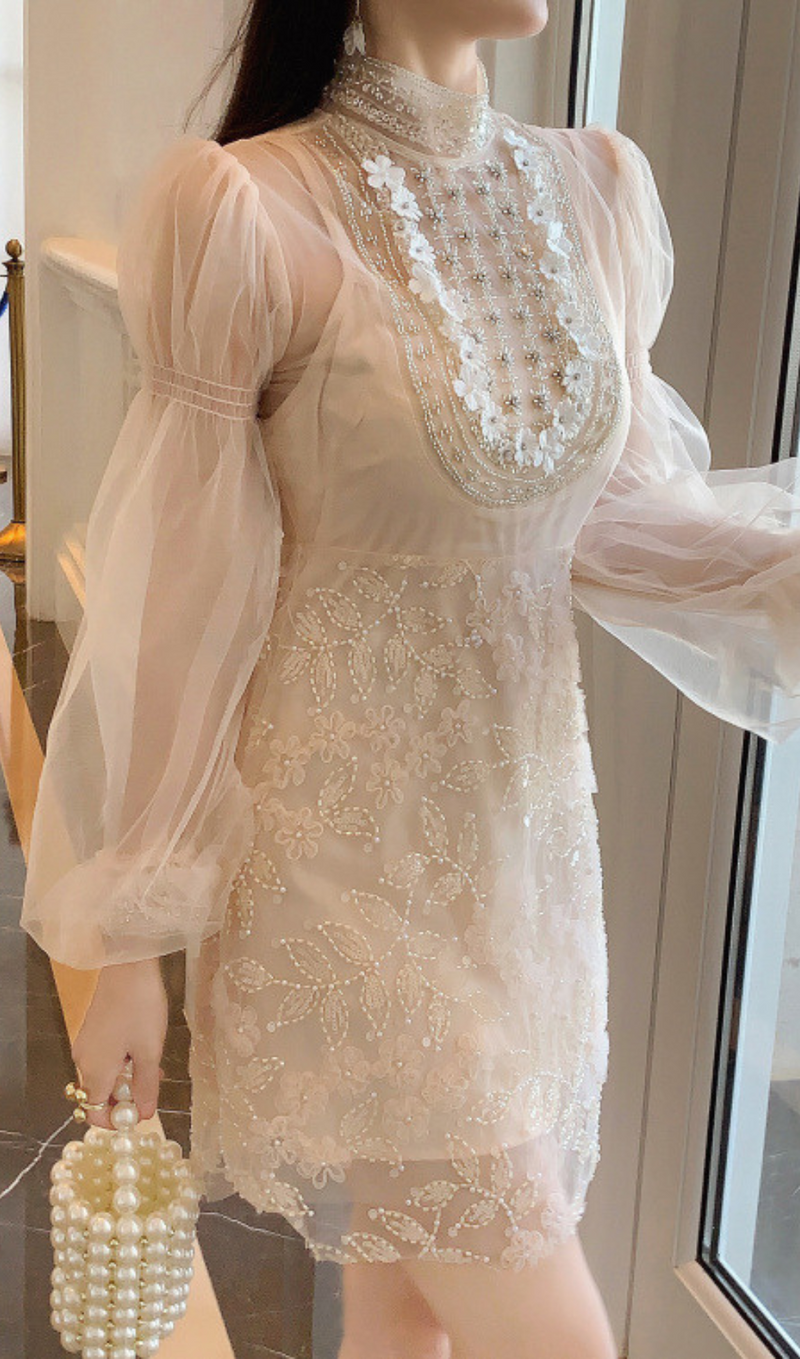 APRICOT MESH LANTERN SLEEVE BEADING DRESS