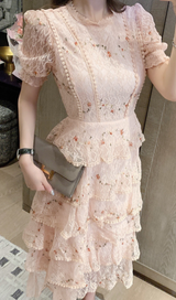 PINK FLORAL LACE MIDI DRESS