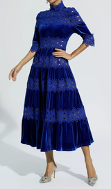 HOLLOW PATCHWORK VELVET DRESS IN BLUE