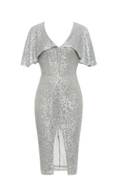 V-NECK SILVER SEQUIN SLIT BODYCON DRESS