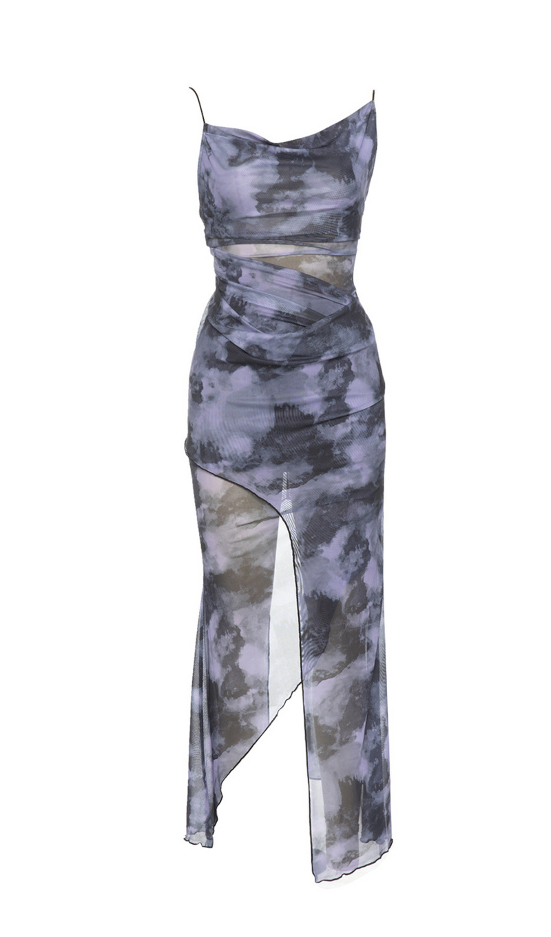 TIE DYE SPLIT THIGH MESH CAMI DRESS