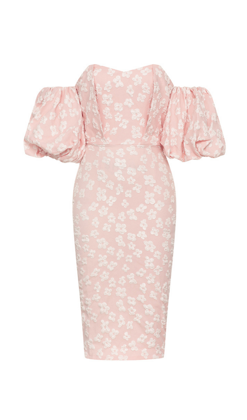 PUFF SLEEVE BARDOT FLORAL DRESS PINK