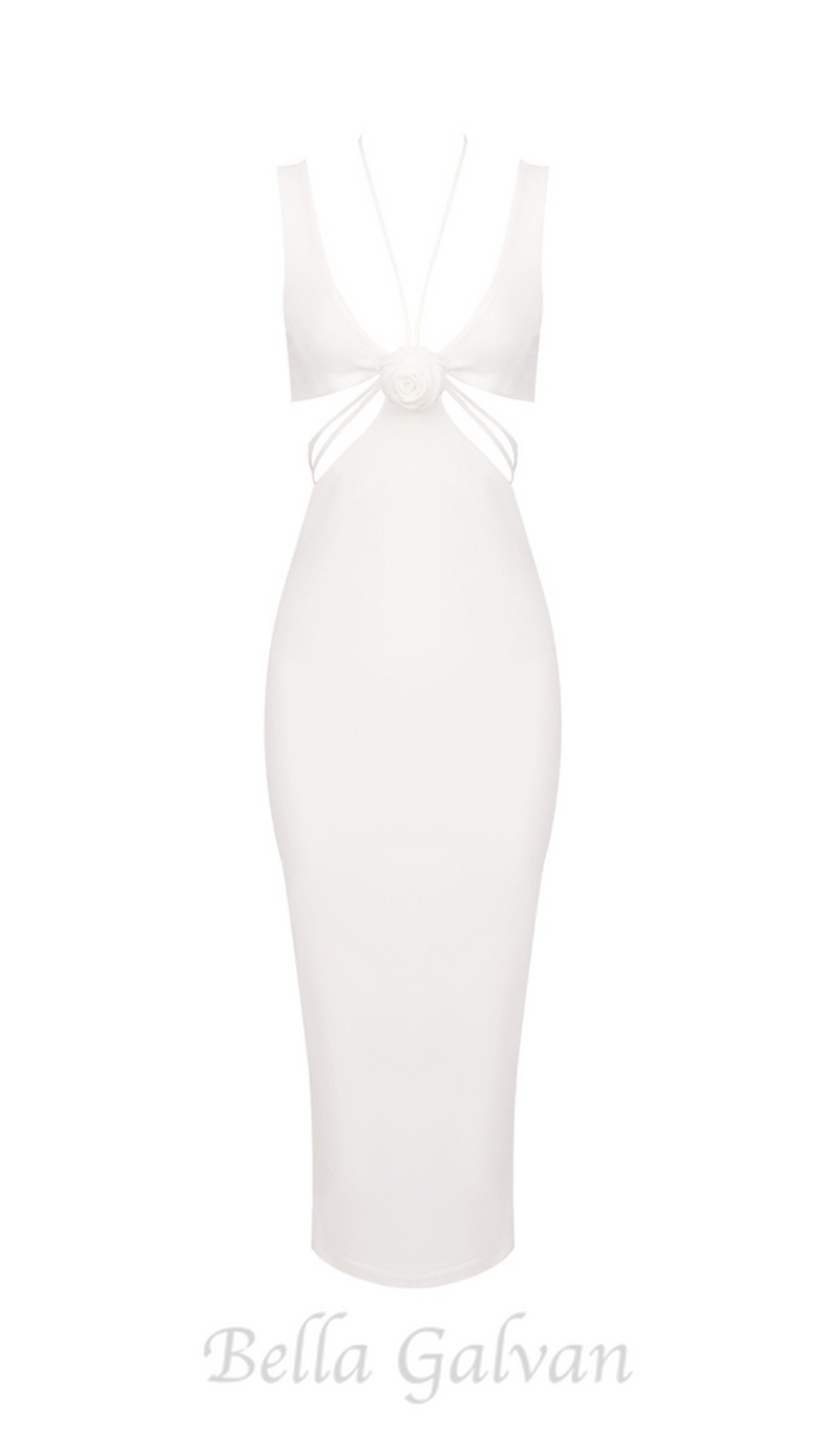 FLOWER CUT OUT BODYCON MIDI DRESS IN WHITE