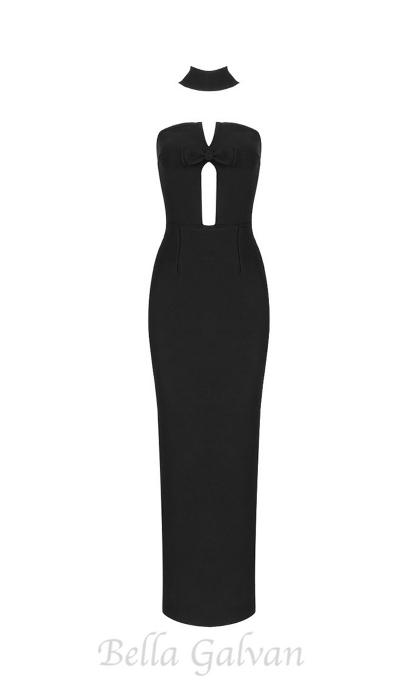 STRAPLESS HOLLOW OUT MAXI BANDAGE DRESS IN BLACK