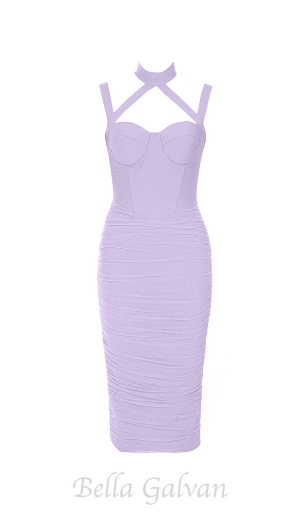 MESH RUCHED MIDI DRESS IN PURPLE