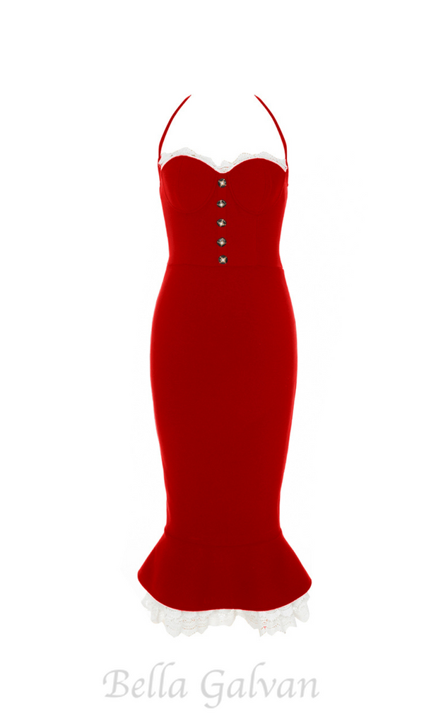 RED LACE BUTTON FRONT MERMAID HEM BANDAGE DRESS