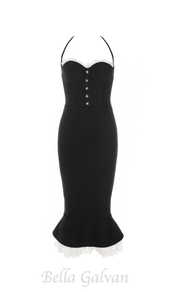 BLACK LACE BUTTON FRONT MERMAID HEM BANDAGE DRESS