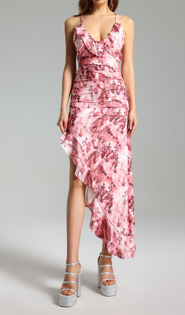 FLORAL RUFFLED SKEW DRESS