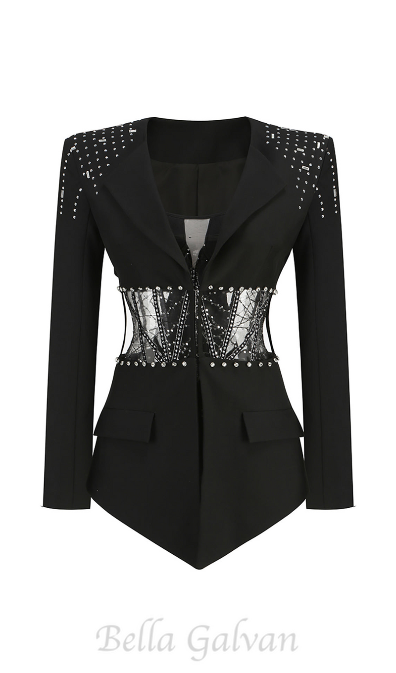 STRAPLESS JUMPSUIT LONG SLEEVE RHINESTONE BLAZER