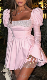 PUFF LONG SLEEVE CRYSTAL CORSET A LINE DRESS IN PINK