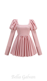 PUFF LONG SLEEVE CRYSTAL CORSET A LINE DRESS IN PINK