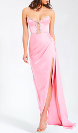 PINK SATIN CRYSTAL EMBELLISHED HIGH SLIT GOWN