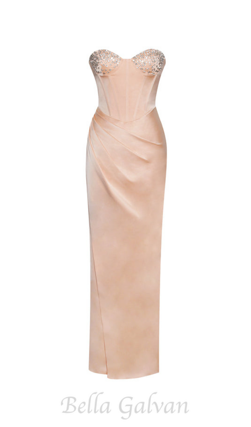 BLUSH SATIN CORSET SLIT GOWN WITH CRYSTAL EMBELLISHED