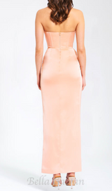 BLUSH SATIN CORSET SLIT GOWN WITH CRYSTAL EMBELLISHED