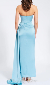 BLUE SATIN CRYSTAL EMBELLISHED HIGH SLIT GOWN