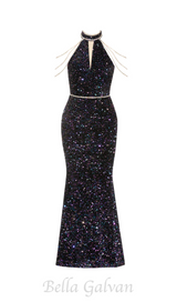 CRYSTAL-EMBELLISHED HALTER BODYCON MAXI DRESS