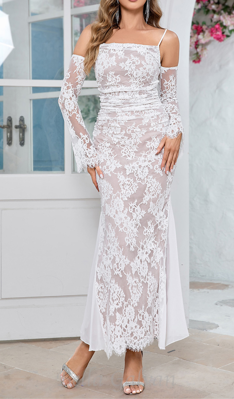 LONG SLEEVE DRAPED LACE MAXI DRESS IN WHITE