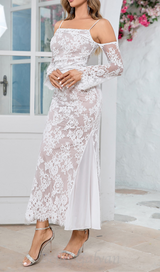 LONG SLEEVE DRAPED LACE MAXI DRESS IN WHITE