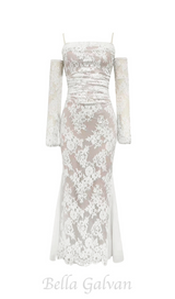 LONG SLEEVE DRAPED LACE MAXI DRESS IN WHITE