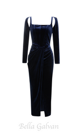 STRUCTURED DRAPED VELVET MAXI DRESS IN BLUE