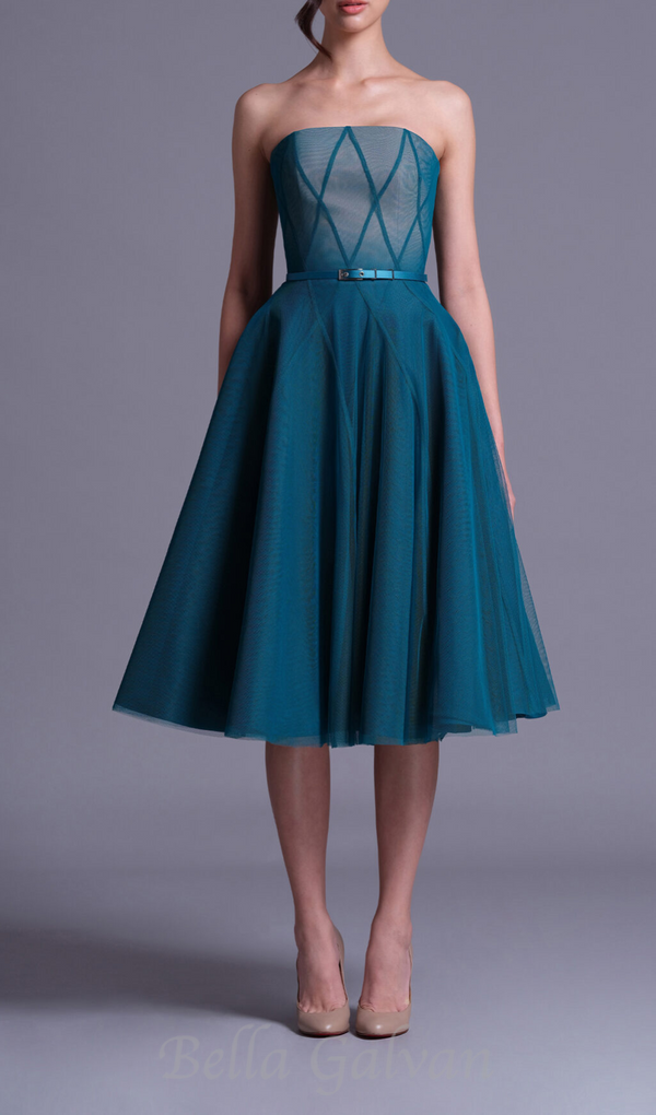 TEAL OMBRE SOFT NET MIDI DRESS