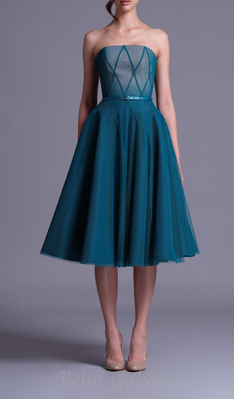 TEAL OMBRE SOFT NET MIDI DRESS