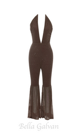 HALTER NECK BACKLESS FLARE LEG JUMPSUIT IN BROWN