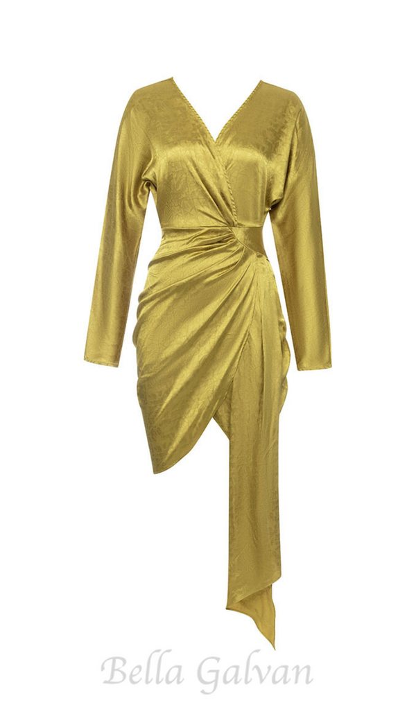 SATIN DRAPED MIDI DRESS IN MUSTARD