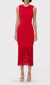 RED TEXTURED CHENILLE FRINGE MIDI DRESS