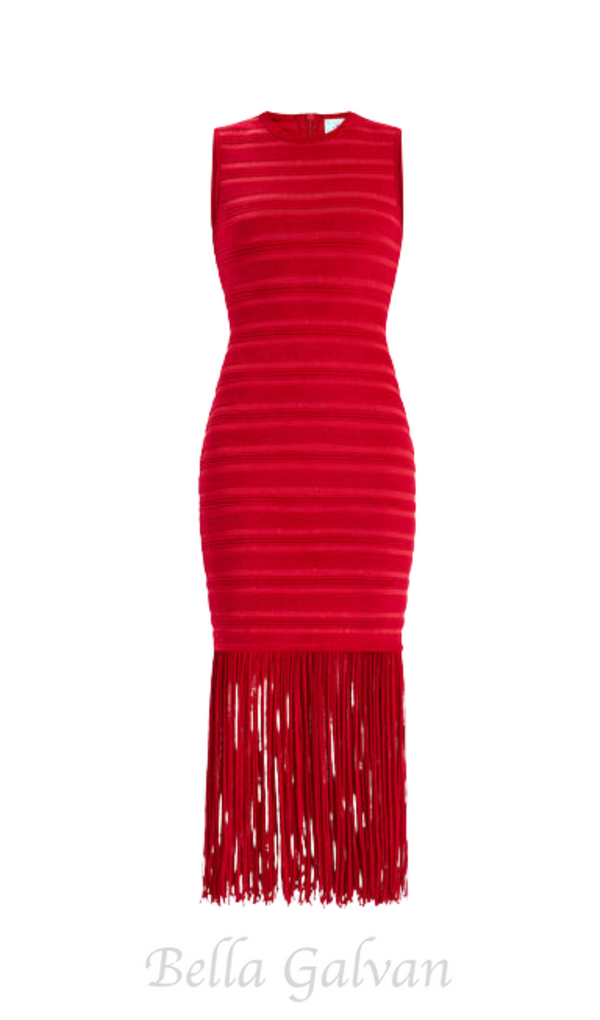 RED TEXTURED CHENILLE FRINGE MIDI DRESS