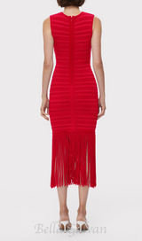 RED TEXTURED CHENILLE FRINGE MIDI DRESS