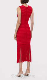 RED TEXTURED CHENILLE FRINGE MIDI DRESS