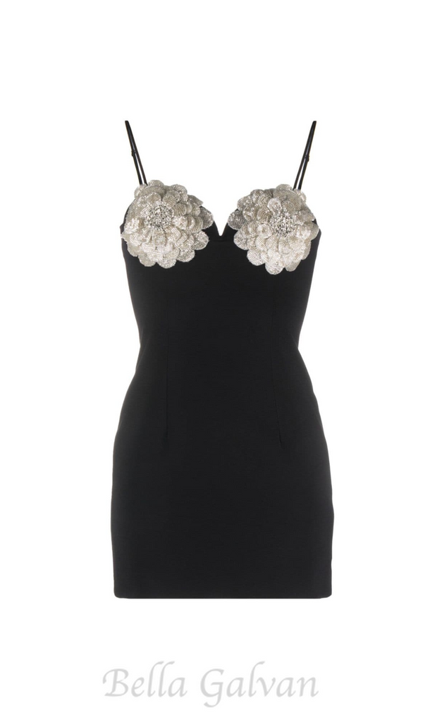 BLACK FLORAL-APPLIQUÉ CRYSTAL-EMBELLISHED MINI DRESS