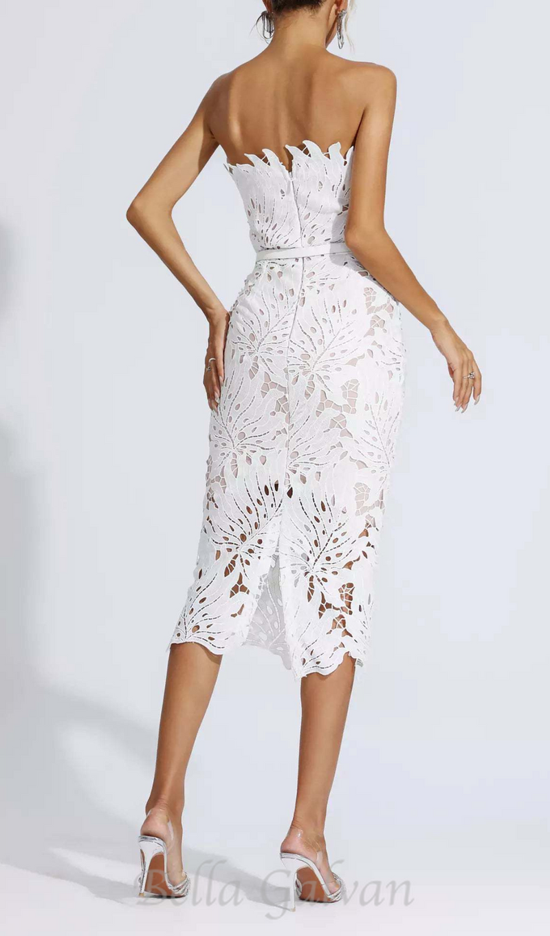 OFF-SHOULDER WHITE FLORAL LACE MIDI DRESS