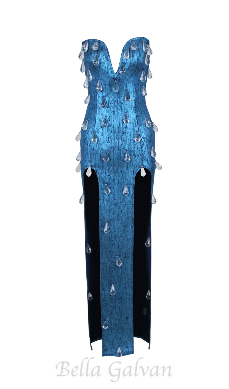 STRAPLESS CRYSTAL WOODGRAIN FOIL PRINT MAXI DRESS BLUE