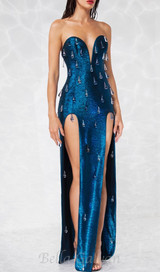 STRAPLESS CRYSTAL WOODGRAIN FOIL PRINT MAXI DRESS BLUE