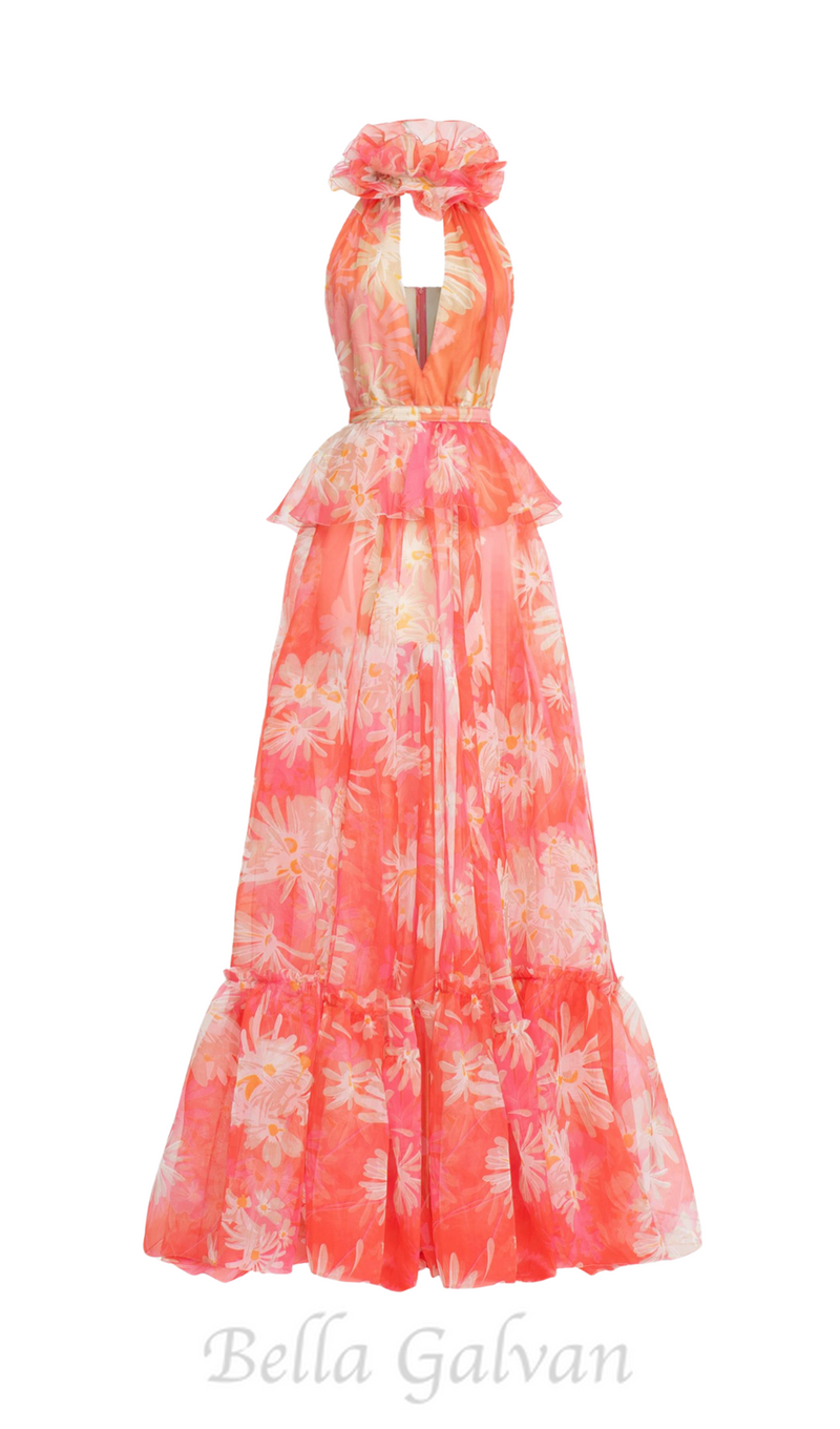 ORANGE FLORAL PRINTED SHEEVELESS HALTER MAXI DRESS