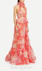 ORANGE FLORAL PRINTED SHEEVELESS HALTER MAXI DRESS